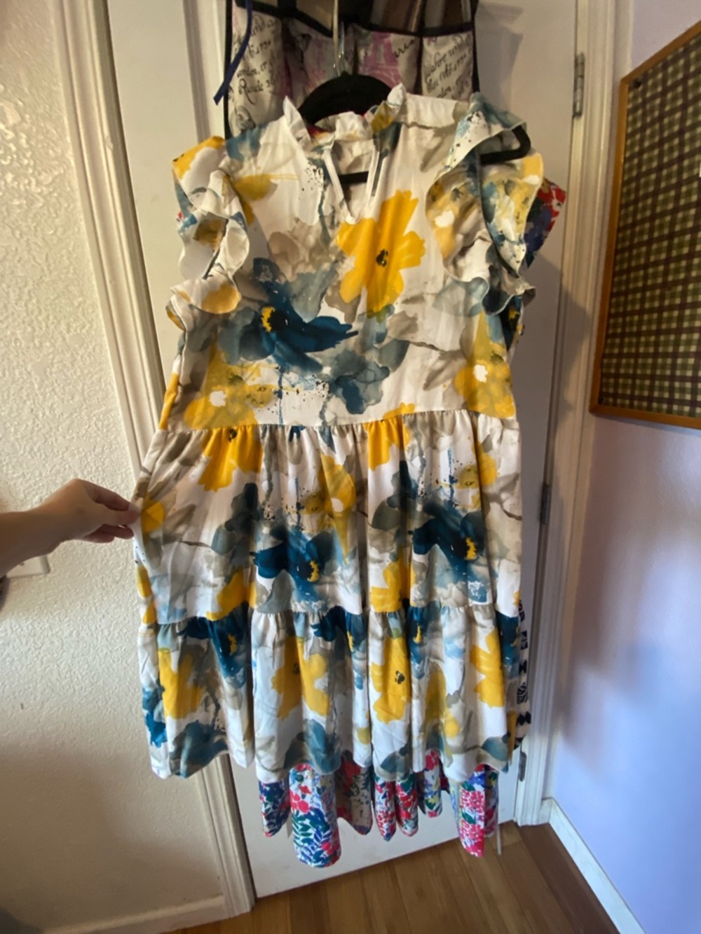 Women’s White Floral Print Ruffle Tiered Dress - Yellow & Blue Spring Dress